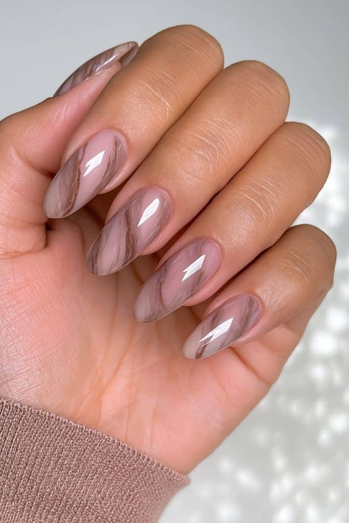 Mocha mousse marble nails with creamy beige and rich coffee-brown veining