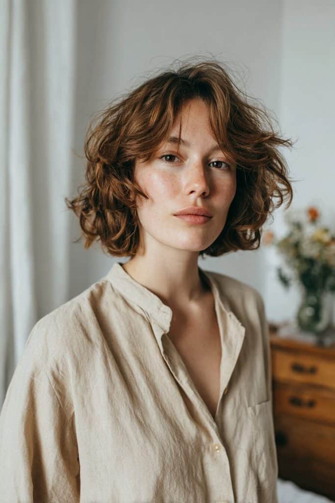 Modern soft beehive hairstyle with gentle crown volume, softly teased roots, and flowing chestnut-brown hair