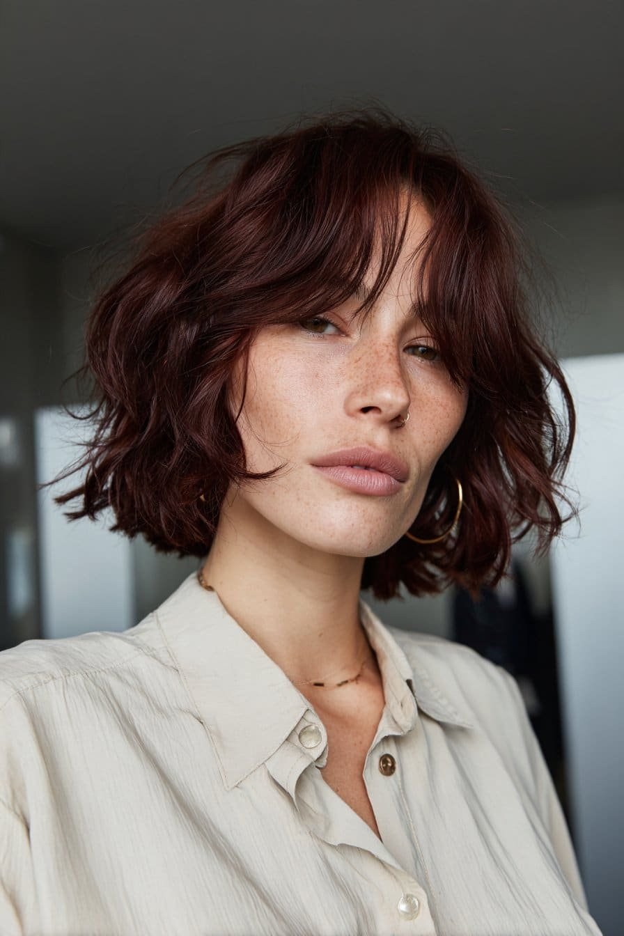 Jaw-length mulled wine bob with burgundy-brown roots and cherry-wine reflections