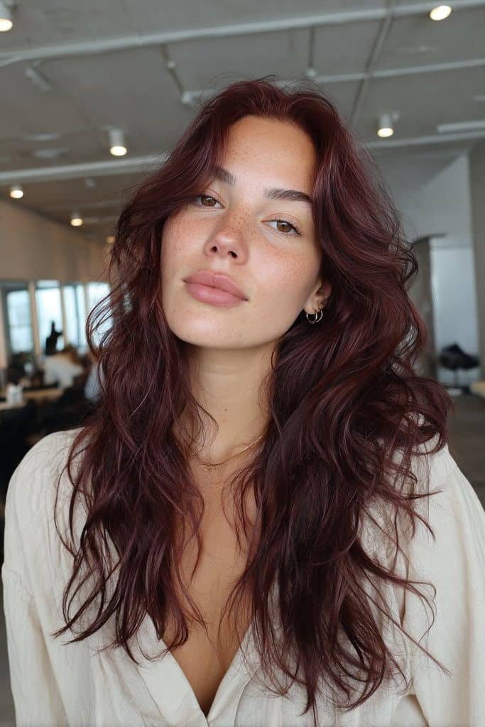 Glossy mulled wine hair with translucent burgundy color and subtle cherry reflections