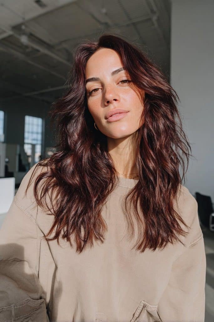 Mulled wine ombré hair fading from dark brunette roots to burgundy and cherry-wine ends