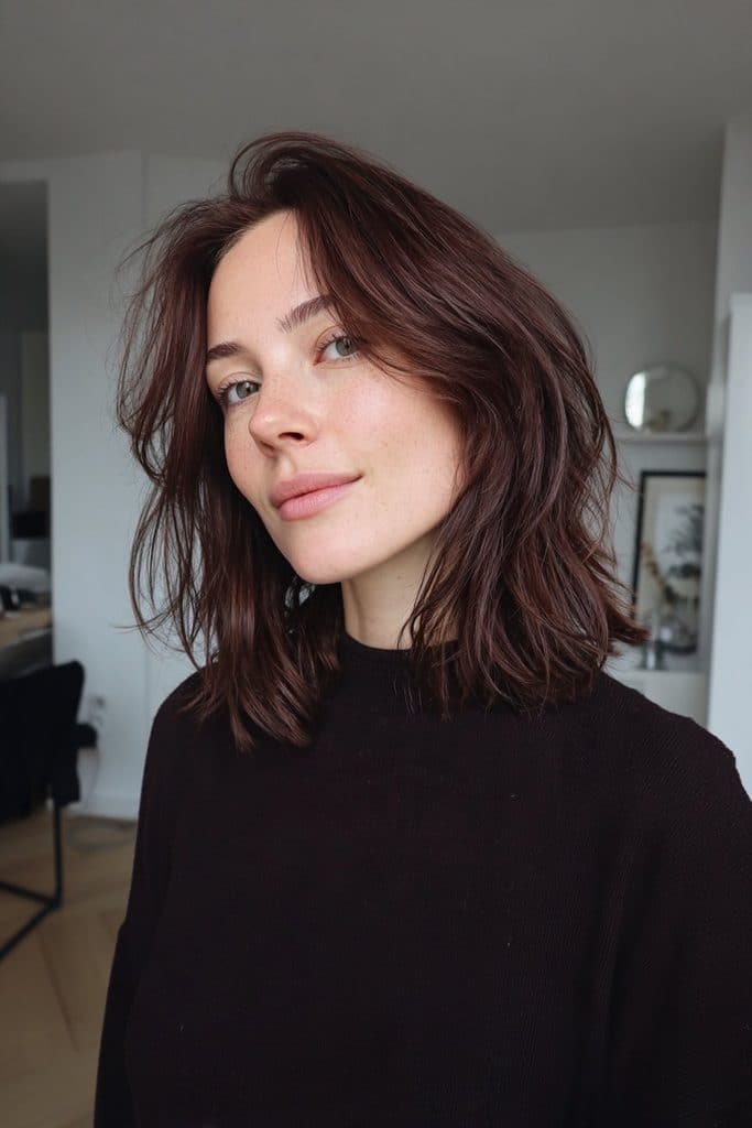 Mulled wine hair with delicate silver strands blended into brunette and burgundy tones