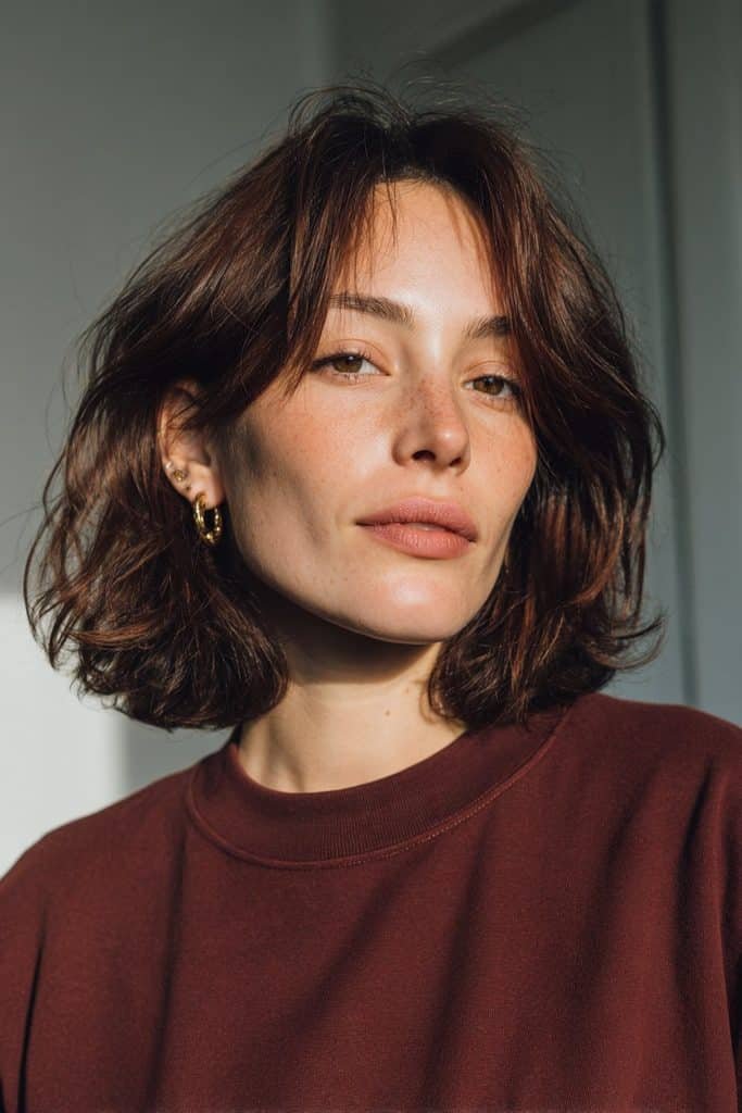 Shoulder-length mulled wine lob with rich wine-burgundy tones and softly angled ends