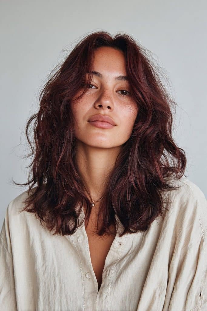 Dark mulled wine hair with softly blended wine-red face-framing highlights