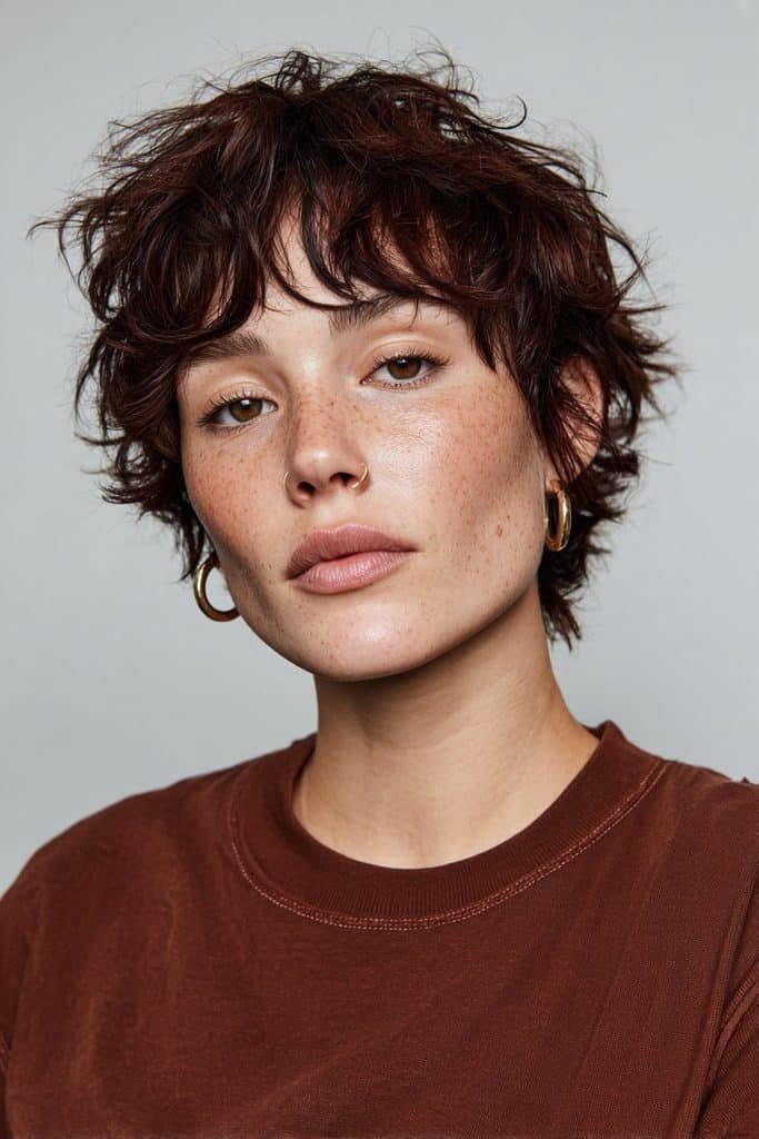 Textured mulled wine pixie cut with deep burgundy and dark cherry-wine tones