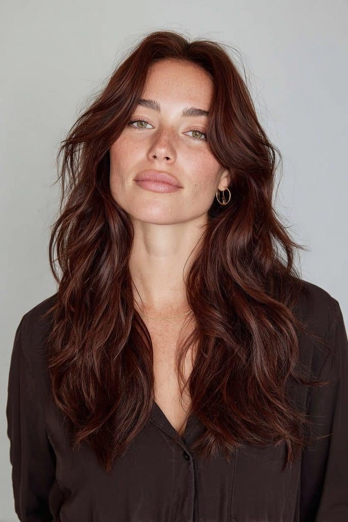 Mulled wine hair with espresso shadow roots blending seamlessly into burgundy lengths