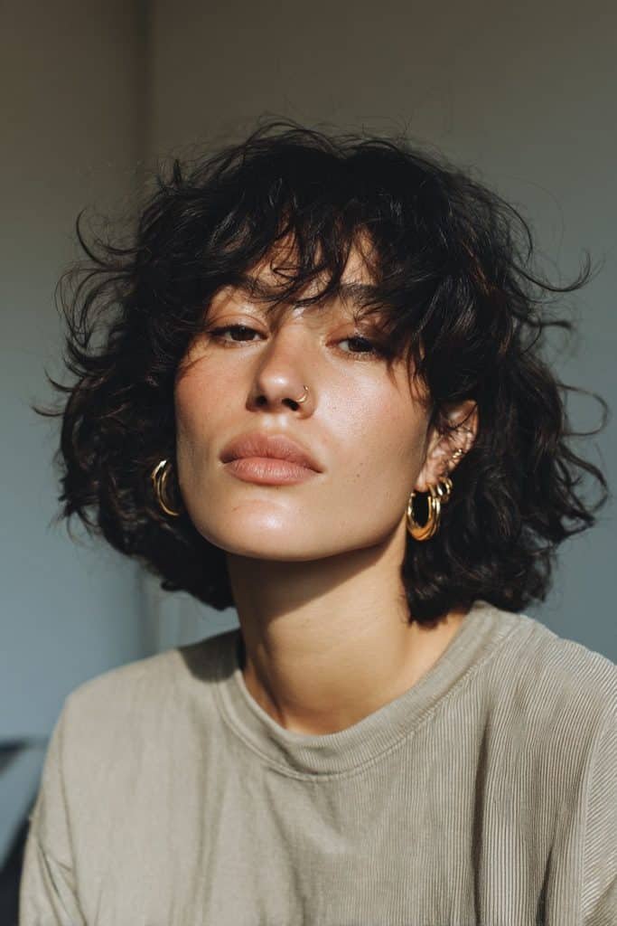 Layered mulled wine shag with wispy bangs and subtle berry-red reflections