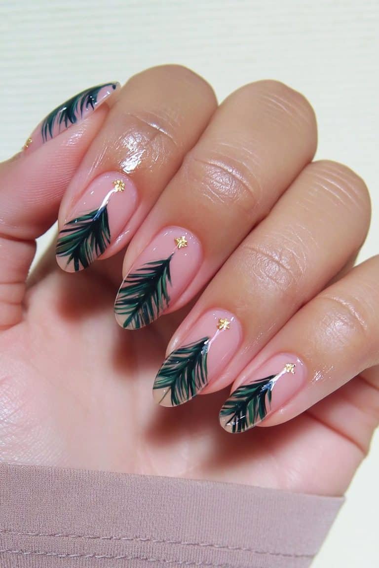 Minimalist forest-green Christmas tree outlines on sheer nude nails with negative space