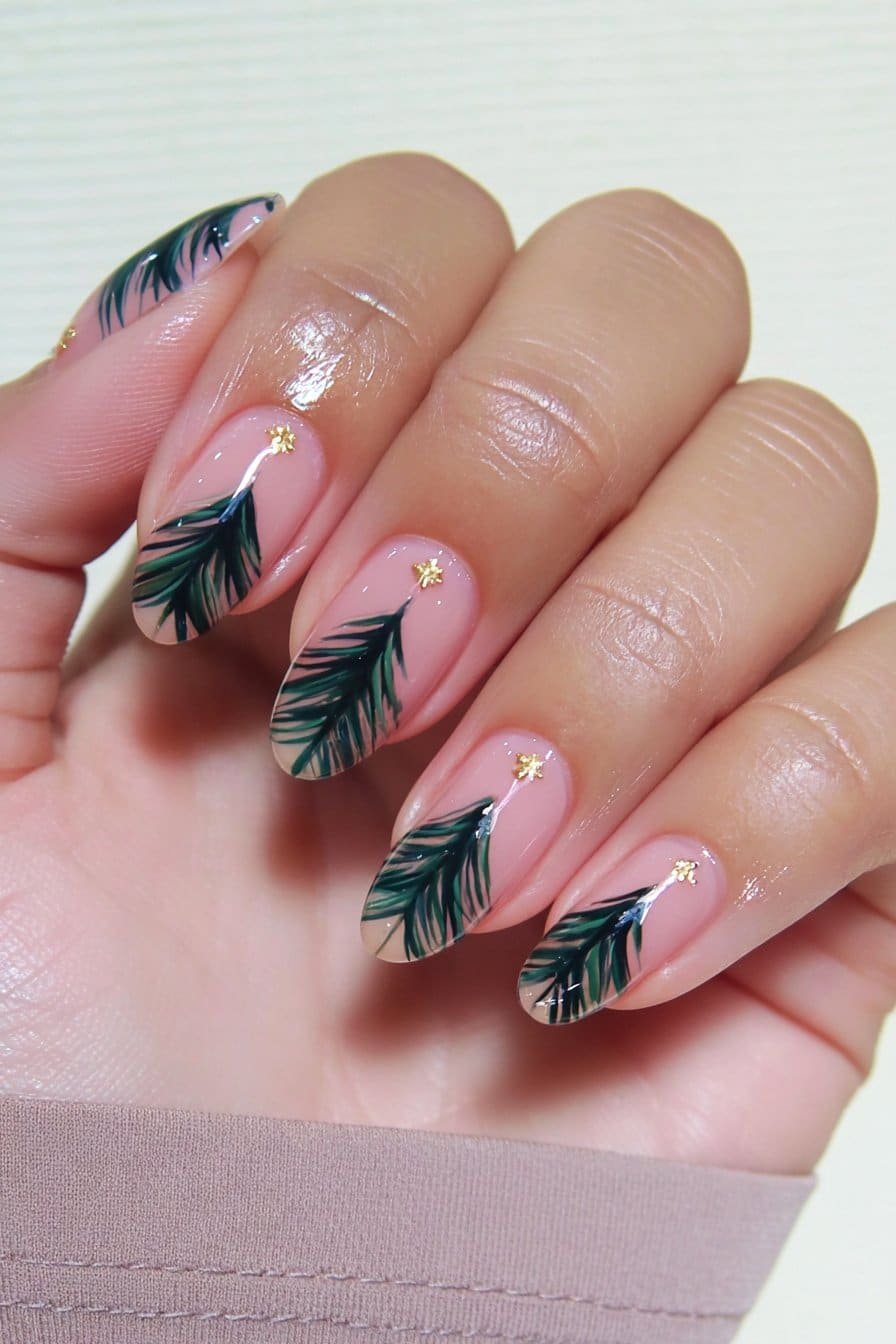 Minimalist forest-green Christmas tree outlines on sheer nude nails with negative space