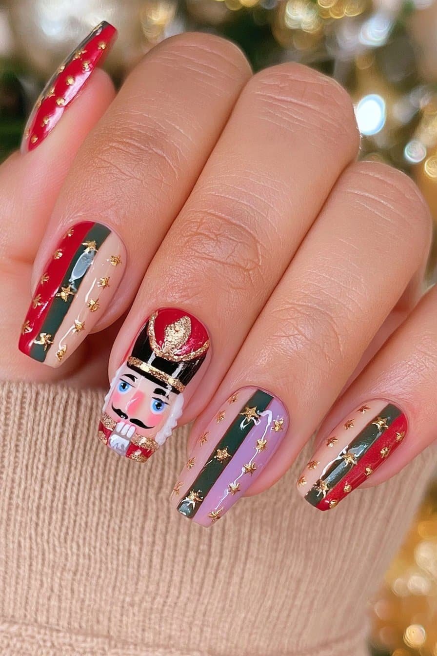 Red, cream, and green nutcracker nails featuring a detailed toy-soldier face accent