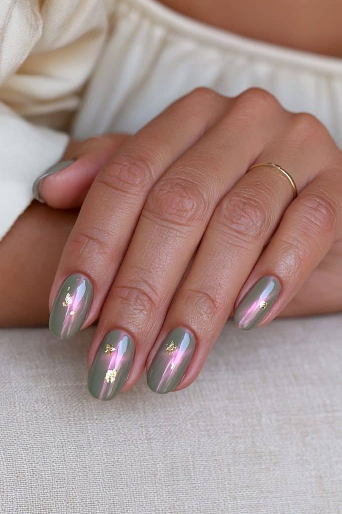 Olive green velvet cat eye nails decorated with delicate gold accents for a warm, luxurious manicure.