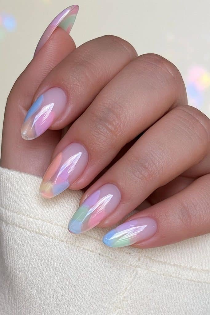 Pastel skittle jelly nails in translucent pink, lavender, peach, mint, and blue