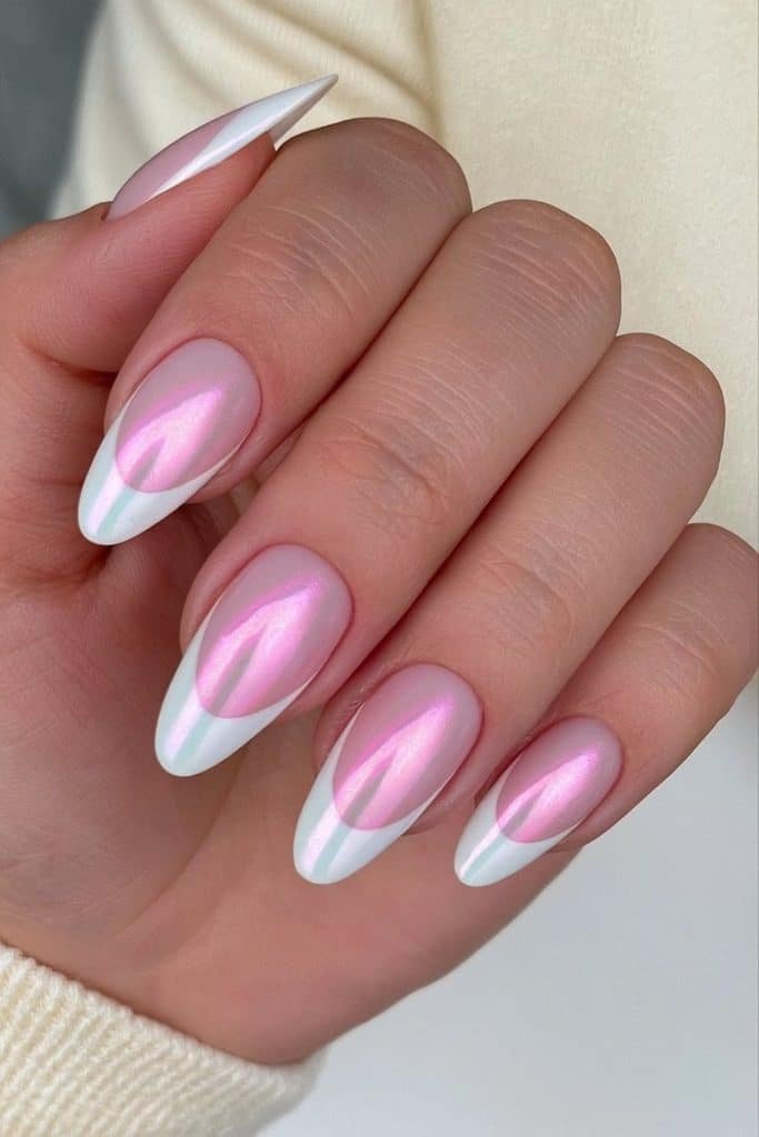 Pearl chrome French tip nails with milky pink bases and luminous iridescent tips