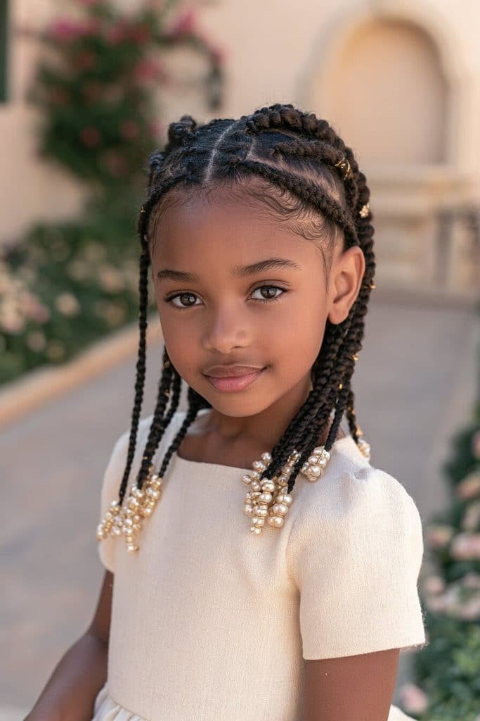 Elegant kids braids with pearl-like beads, delicate gold accents, and neat styling for special occasions.