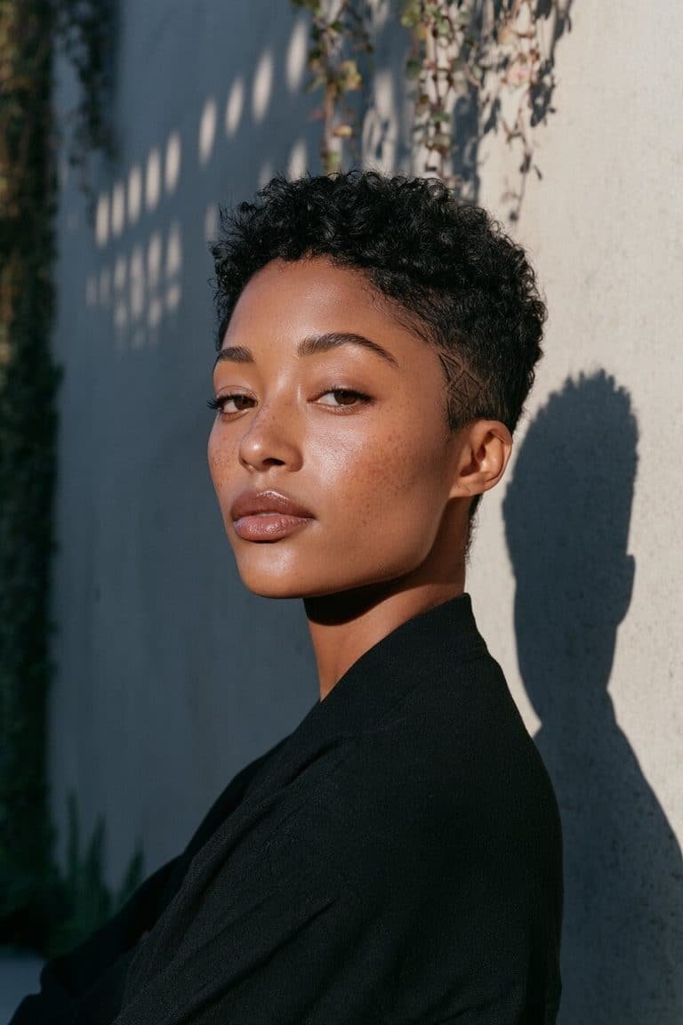 Pixie cut for Black women with a geometric shaved design above one ear, tapered sides, and a textured crown.