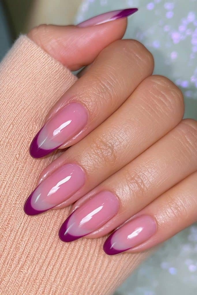 Sheer pink almond nails with ultra-thin sugar plum micro French tips