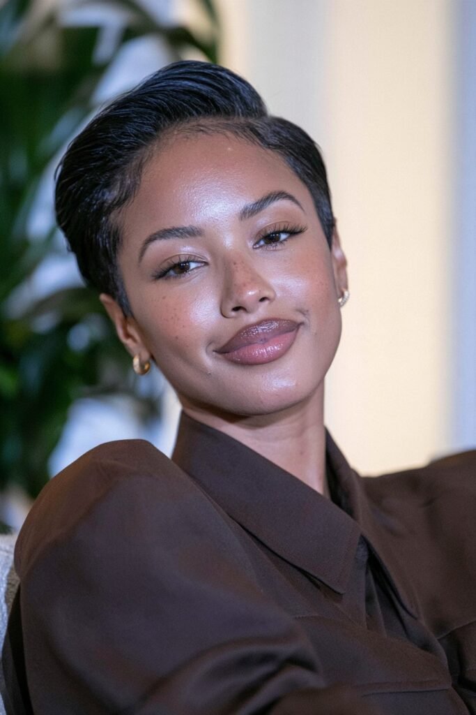 Black woman with a relaxed tapered haircut featuring smooth, straightened hair on top and neatly tapered sides.