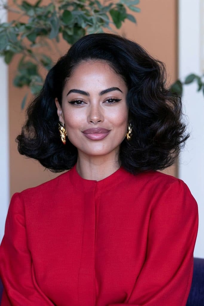 Black woman with a retro volume flipped bob, featuring a voluminous crown, a vintage-inspired rounded shape, and dramatically flipped-out ends.