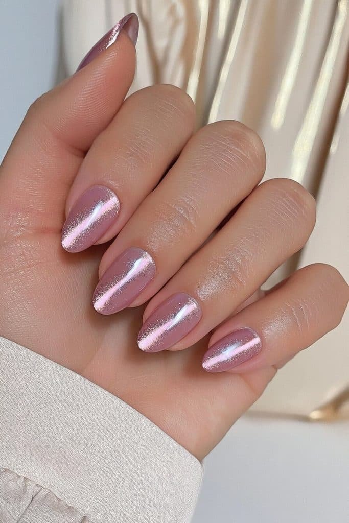 Rose gold pink cat-eye nails with warm champagne reflections, metallic pink bands, and glossy shine