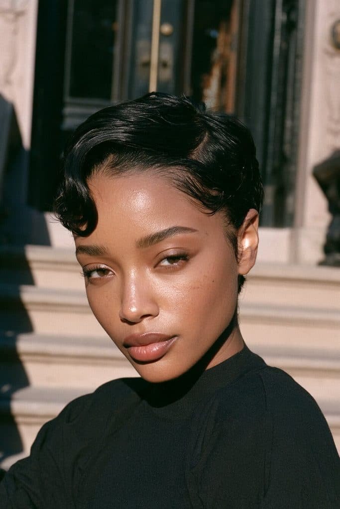 Sculpted side-part pixie cut for Black women with smooth curved sections, defined edges, and a polished shape.