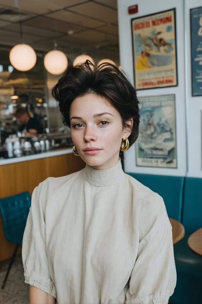 Short hair beehive with a compact rounded crown, teased brunette roots, and neatly tucked sides