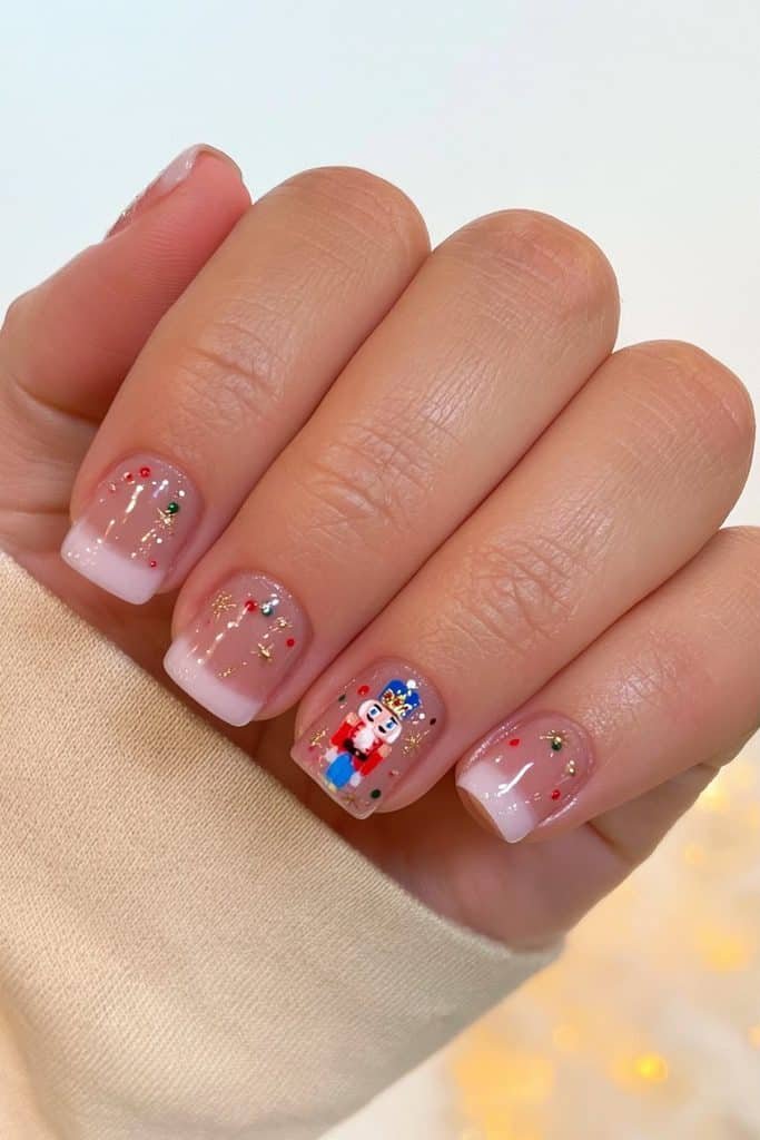 Short squoval nutcracker nails with sheer pink polish, tiny red and green details, and gold stars