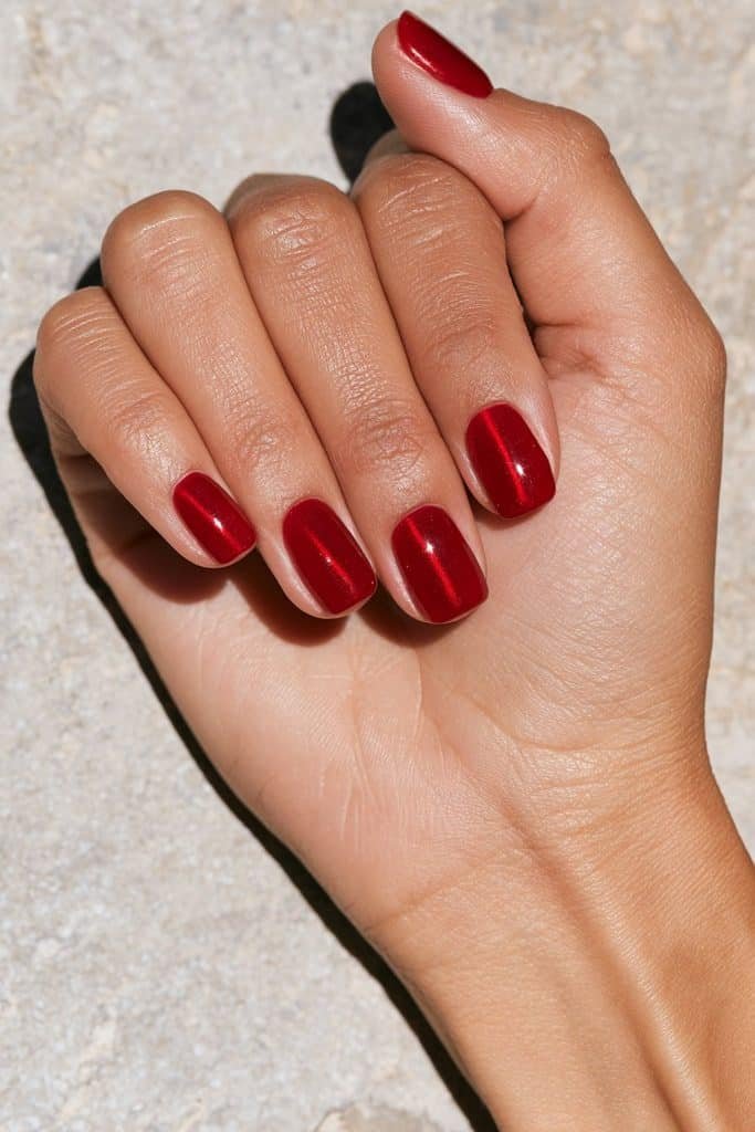 Short rounded red cat eye nails with a defined ruby magnetic line and a smooth, glossy finish.