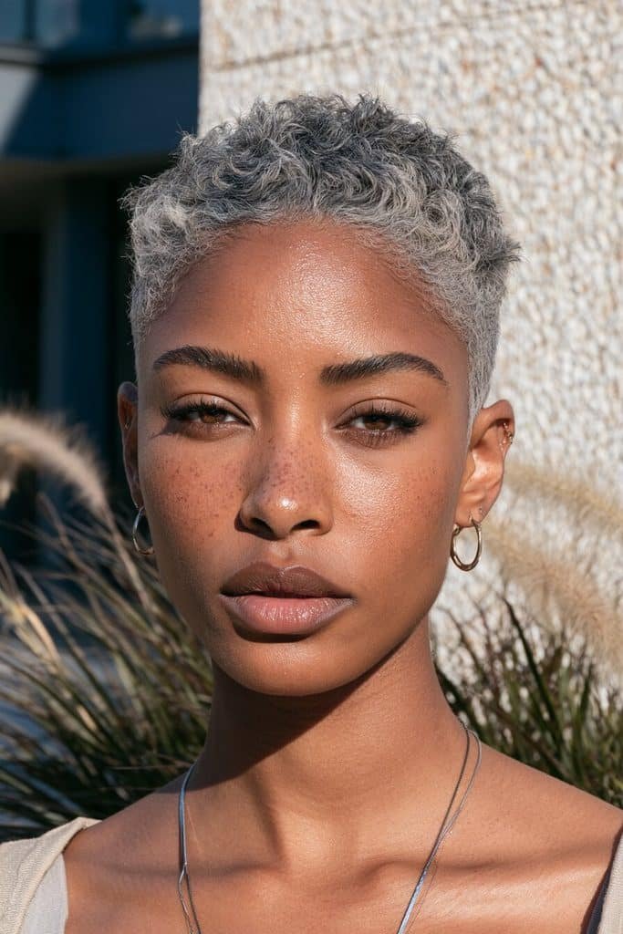Silver grey pixie cut for Black women with cool silver strands, charcoal roots, tapered sides, and a feathered crown.