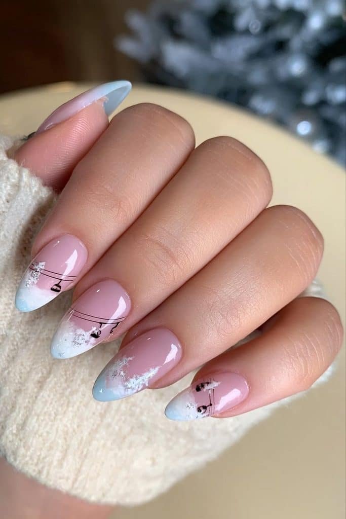 Icy blue ski lift nails with tiny gondolas, charcoal cables, and snowy mountain details
