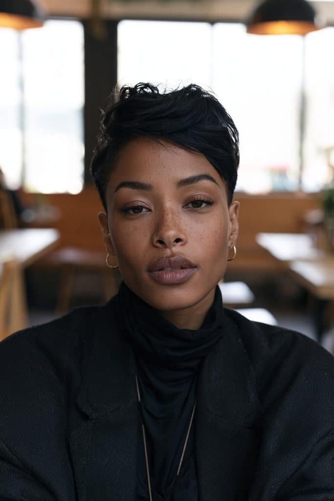 Sleek molded pixie cut for Black women with smooth sculpted curves, a precise side part, and glossy black hair.