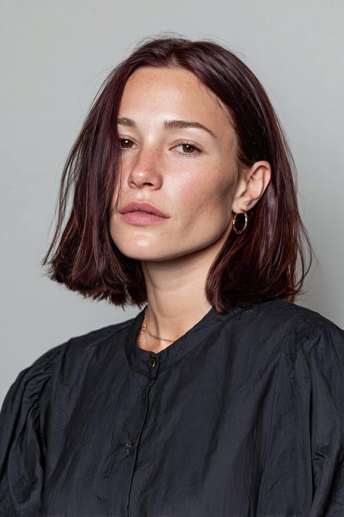 Sleek straight mulled wine hair with deep burgundy lengths and black-cherry undertones