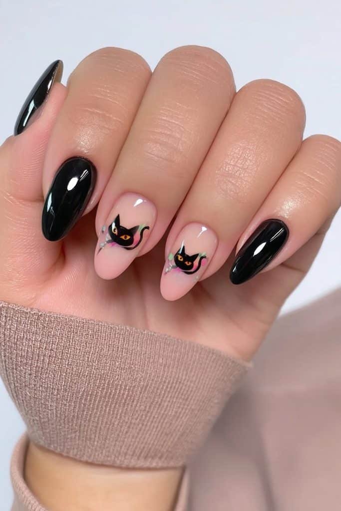 Soft almond black cat nails alternating glossy jet black and delicate nude cat designs
