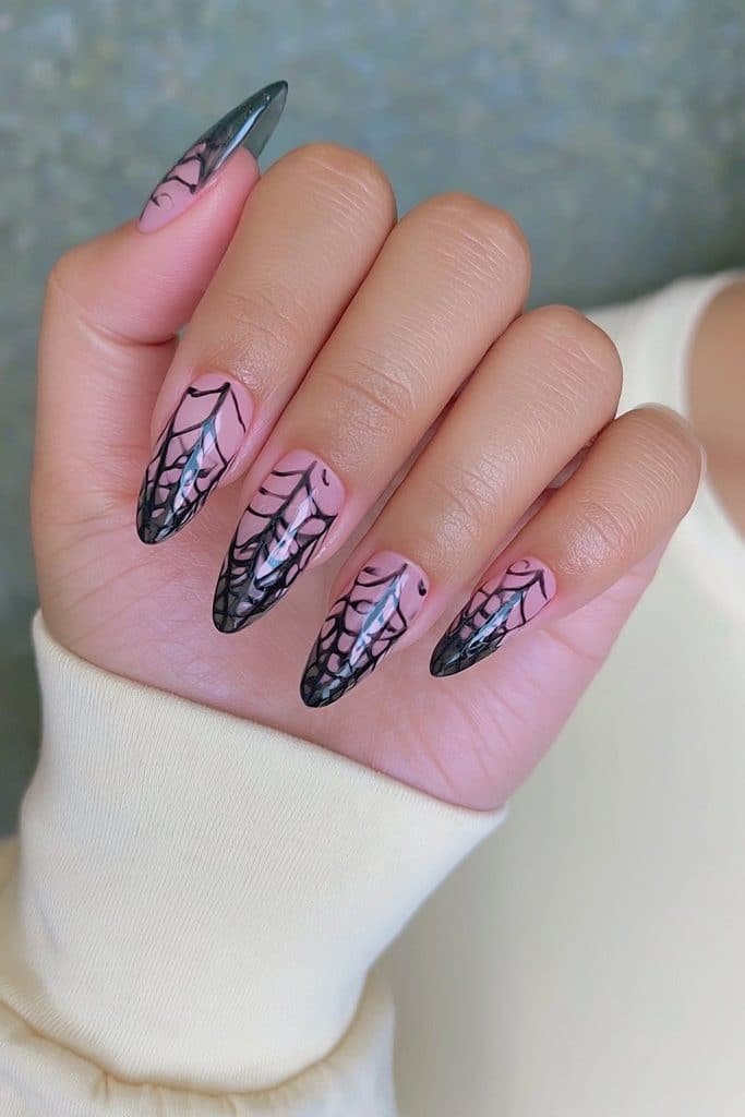 Sheer smoky-black pantyhose nails with fine crisscross mesh and delicate spider web patterns