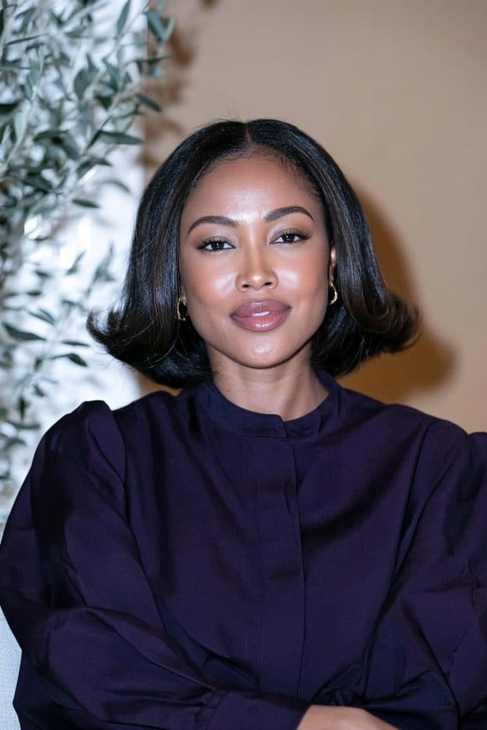 Black woman with a stacked flipped bob haircut, featuring graduated layers at the back, a rounded shape, and outward-flipped ends for added volume.