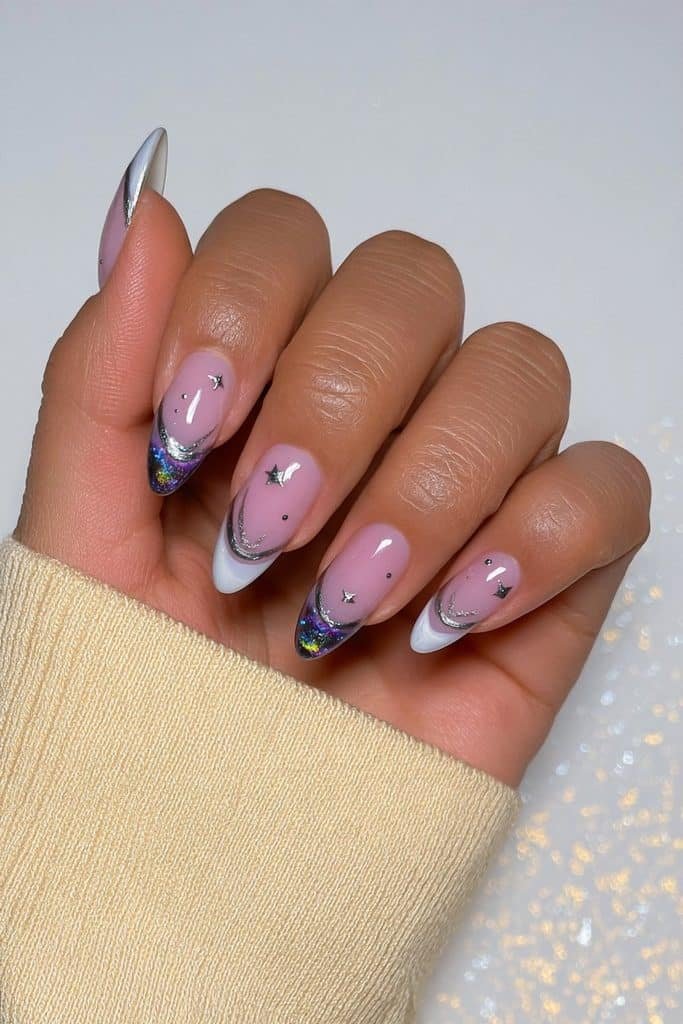 White French tip nails with delicate silver orbit lines, tiny stars, and celestial dots