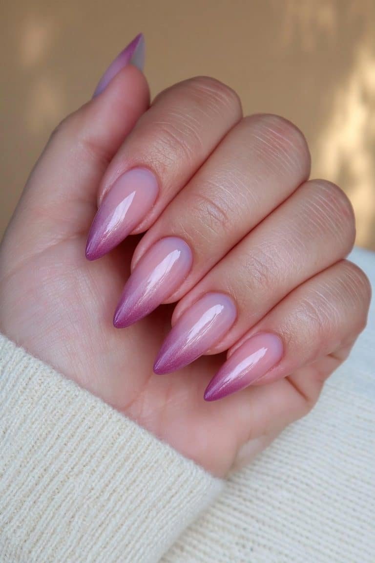 Sugar plum gradient almond nails fading from blush mauve to rich berry plum