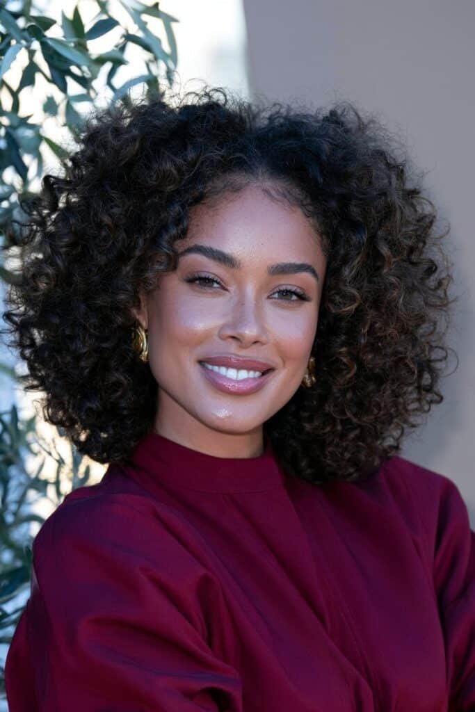 Black woman with a tapered bob haircut featuring a rounded silhouette, textured volume, and neatly tapered sides and nape.