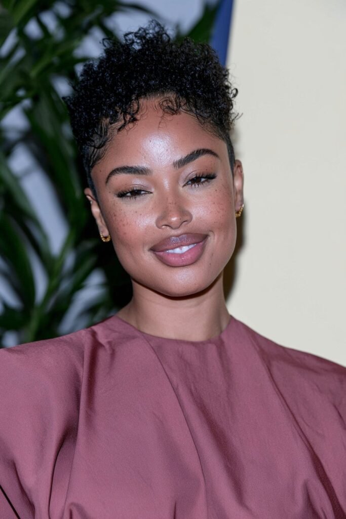 Black woman with a tapered haircut and short, defined coily bangs framing her forehead.