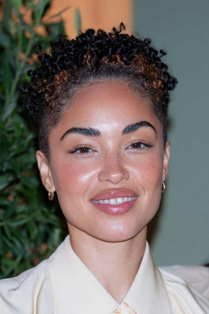 Black woman wearing a tapered natural haircut with copper highlights accentuating her textured curls.