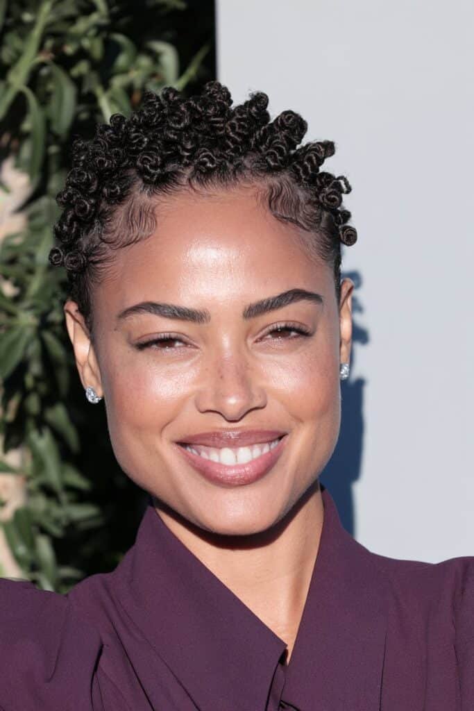 Black woman wearing a tapered haircut with precise finger-coil curls on top and closely tapered sides.