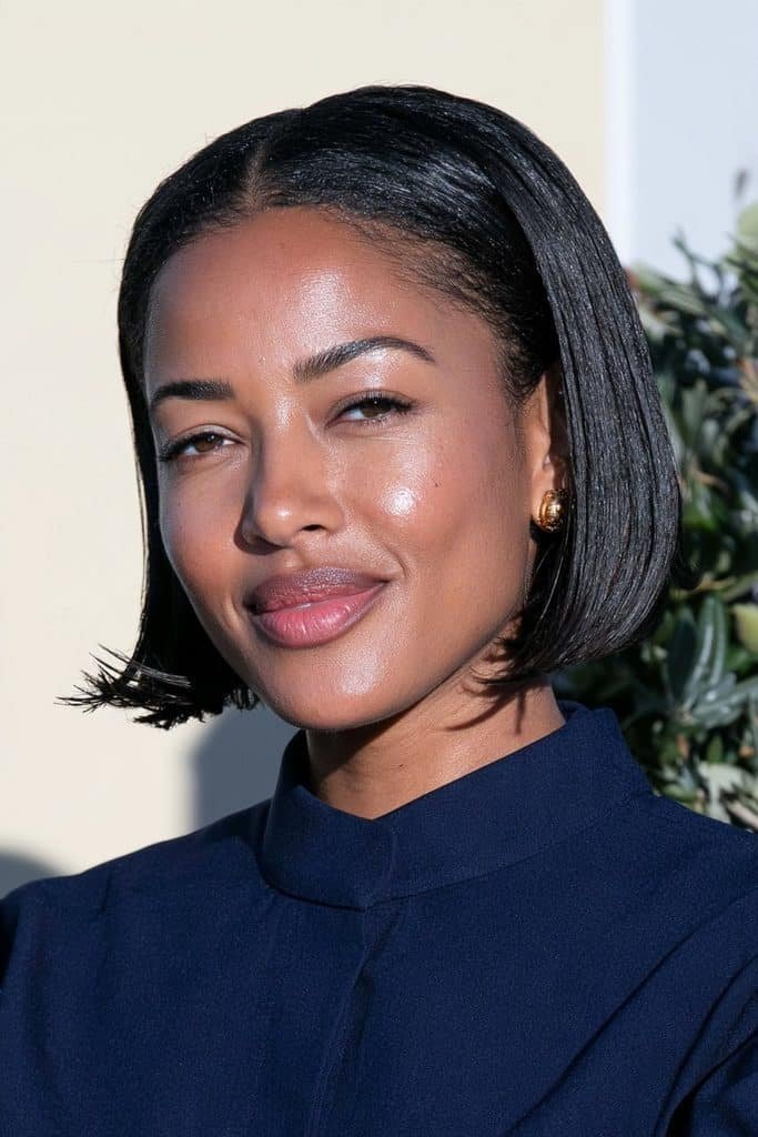 Black woman with a tapered nape flipped bob haircut, featuring a neatly tapered neckline, fuller crown, and outward-flipped ends for a sculpted silhouette.