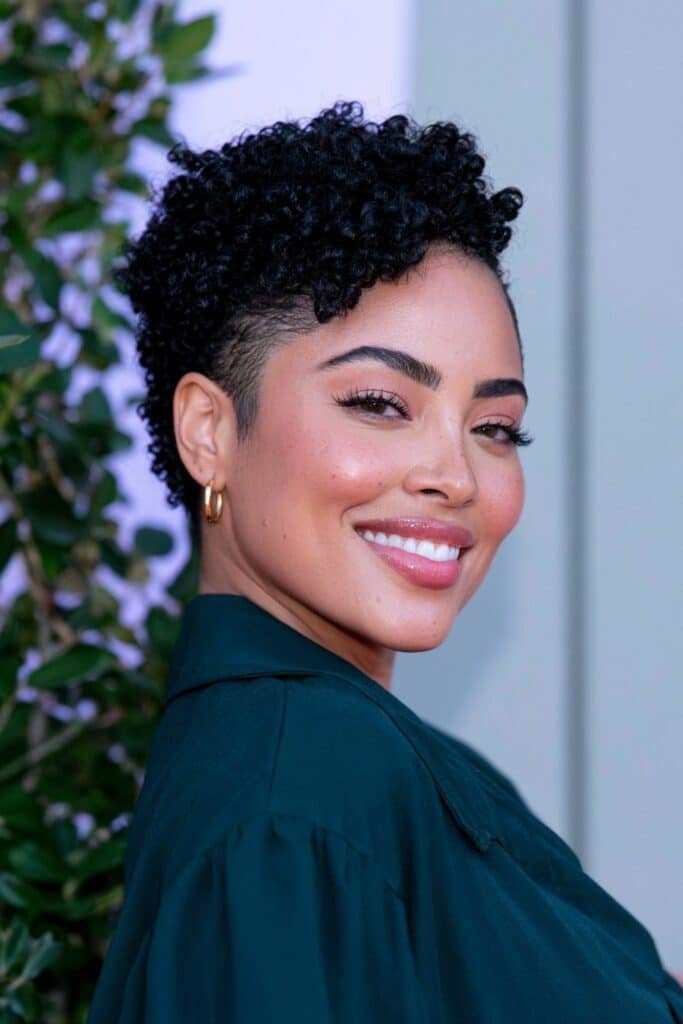 Black woman with a tapered haircut featuring a clean, gradually trimmed neckline and naturally textured hair on top.