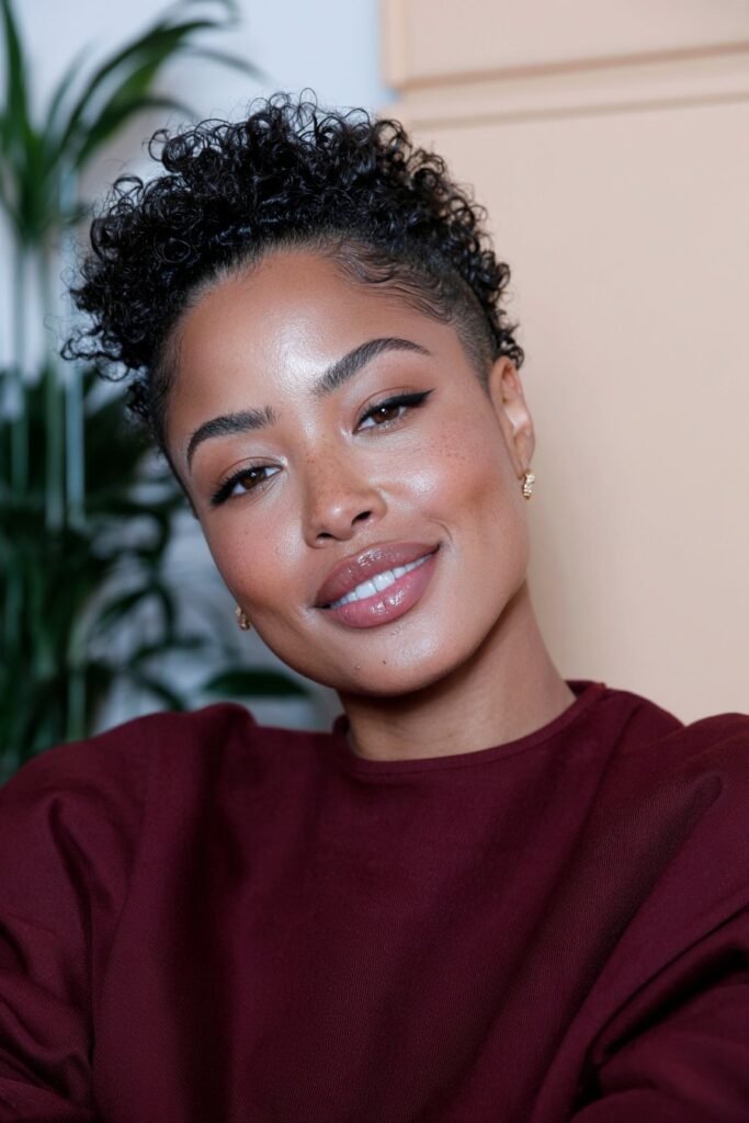 Black woman sporting a tapered undercut with closely cropped sides and longer, textured natural hair on top.
