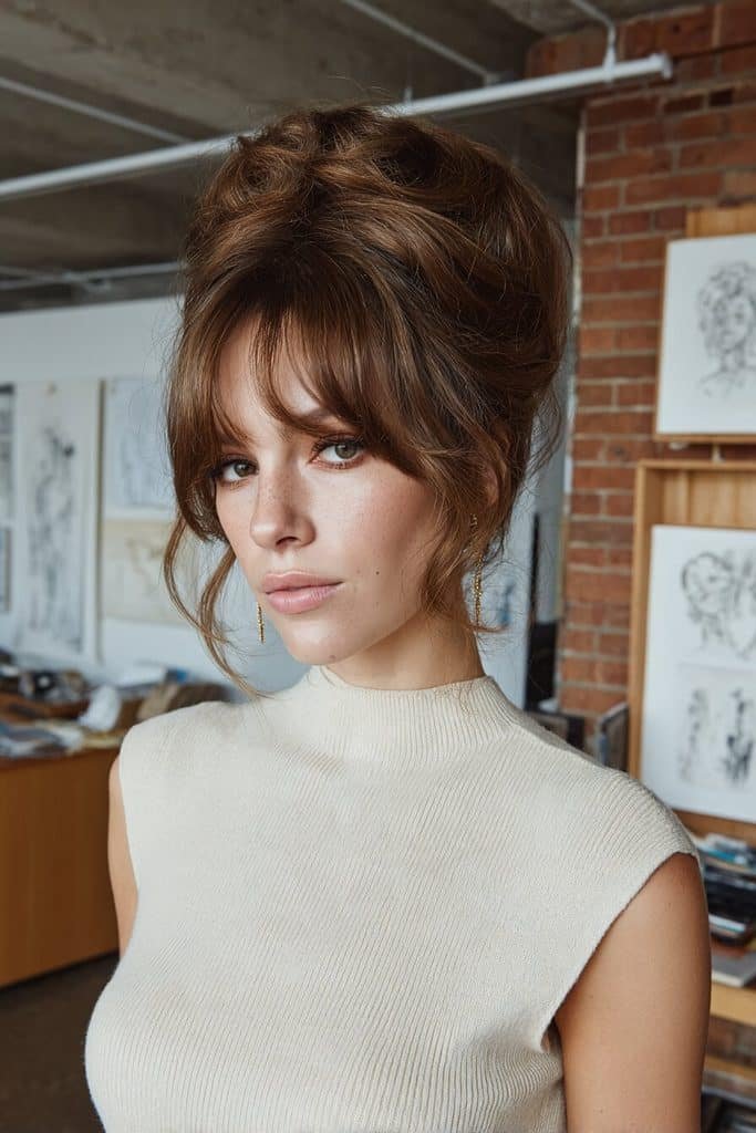 Textured beehive hairstyle with airy crown volume, separated brunette sections, and natural-looking retro lift