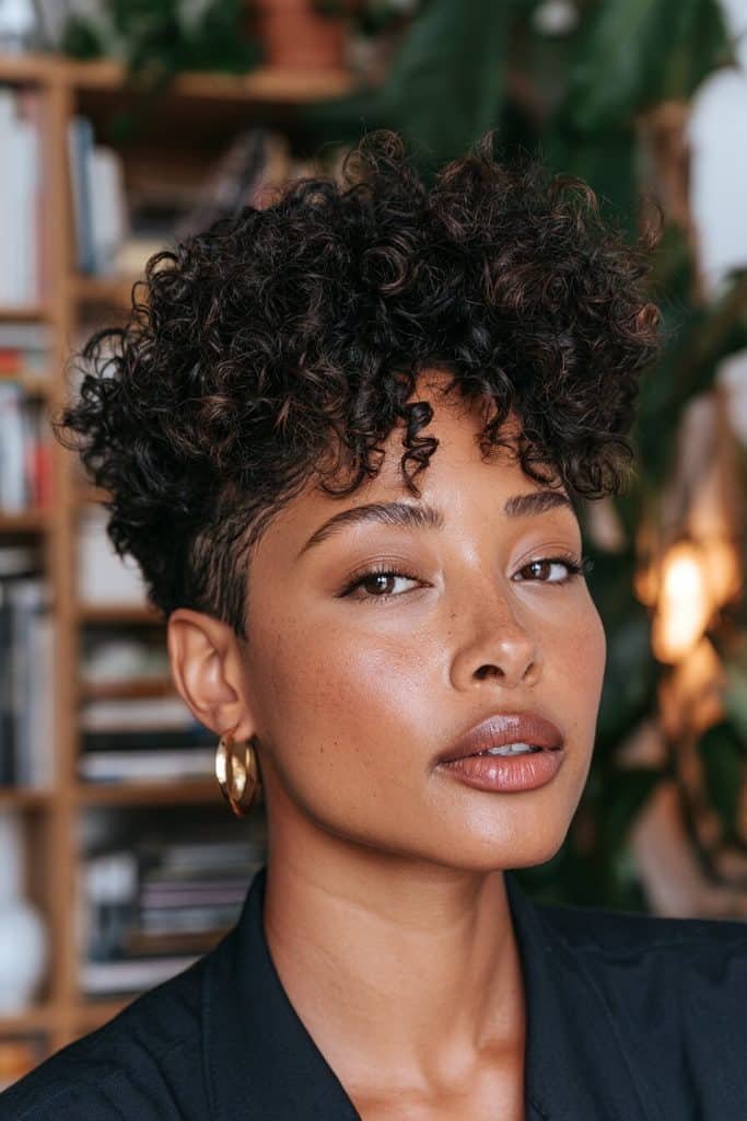 Undercut pixie cut for Black women with closely cropped sides and voluminous natural curls on top.