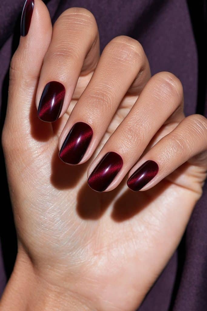 Maroon velvet cat eye nails with a soft all-over magnetic glow and a rich burgundy satin-gloss finish.