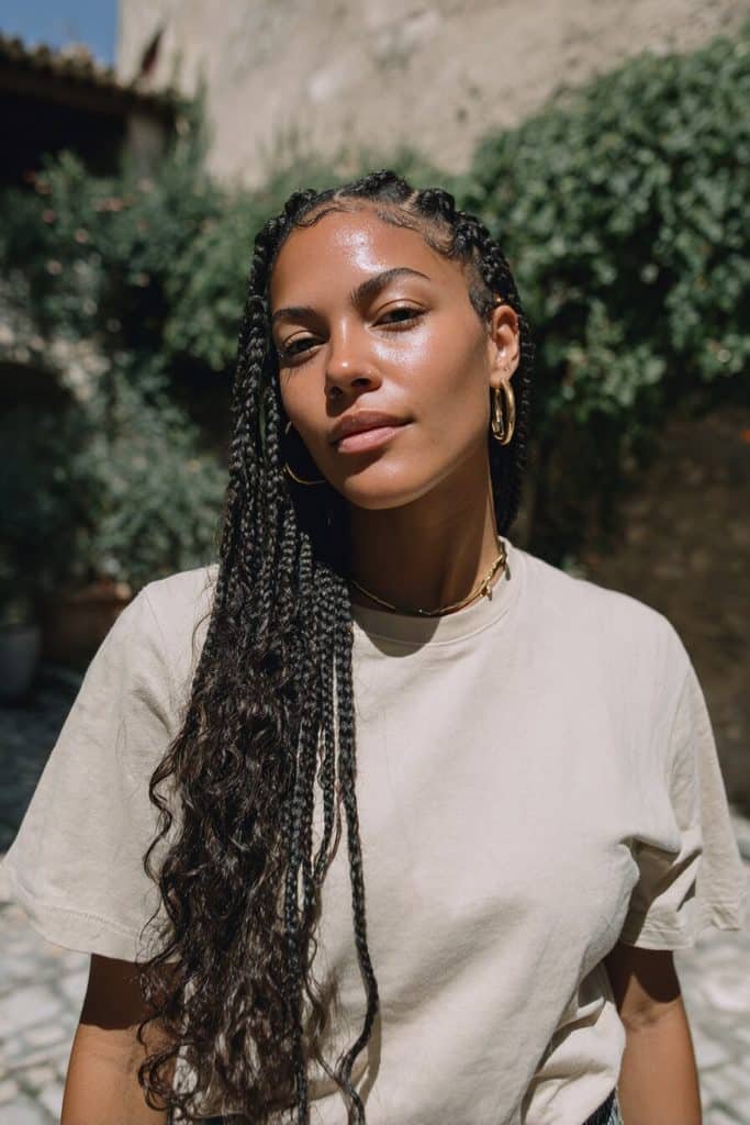Waist-length boho knotless braids with slender dark-brown plaits and long, flowing loose curls.