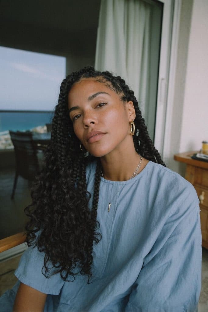 Water wave boho knotless braids with neat roots, medium plaits, and flowing S-shaped curls.