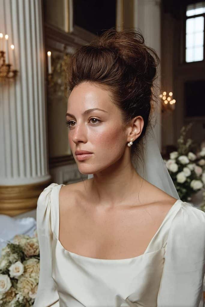 Bridal beehive hairdo with a sculpted high crown, pearl pins, a delicate veil, and elegant dark-brown hair