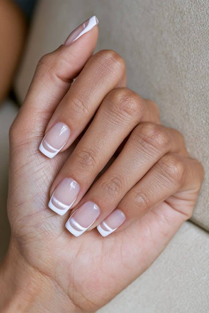 White cat eye French tip nails with bright magnetic stripes across the curved white tips